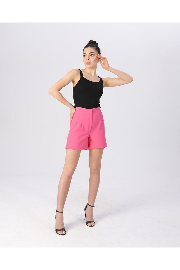 Kadın Pembe Önü Dikişli Yüksel Bel Mini Şort - 1