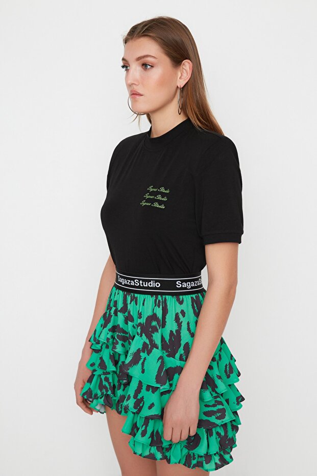 X Sagaza Studio Siyah Nakış Detaylı Örme T-Shirt TPRSS22TS00000 - 4