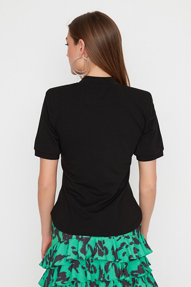 X Sagaza Studio Siyah Nakış Detaylı Örme T-Shirt TPRSS22TS00000 - 6