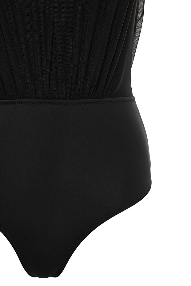 Siyah Mesh Detaylı Halter Yaka Kaplı Hipster Mayo TBESS20MA0035 - 7