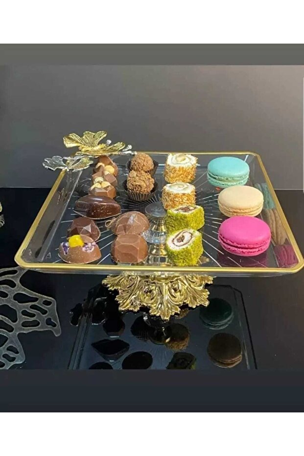 Gold Butterfly Detailed Elegant Square Serving Tray for Treats and Cookies