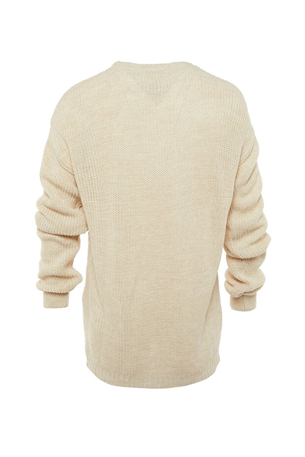 Unisex Beżowy Sweter Oversize Z Dzianiny - Okrągły Dekolt Z Rozcięciem Tmnaw21Kz0552 - 7