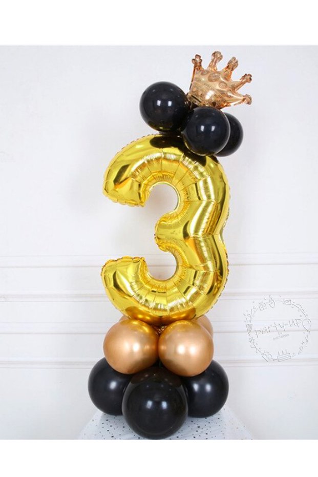 Gold Number Balloon Welcome Set 3 Year Old Black Gold Colors 3 Number Balloon with Gold Crown