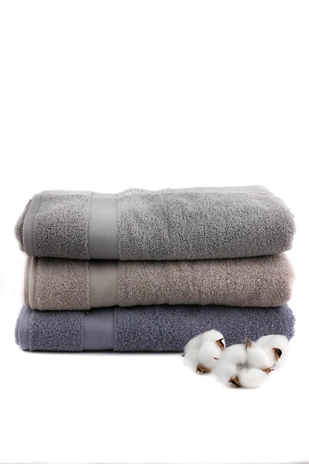 Wave 100% Cotton Bath, Drying, Guest Towel 3 Pieces Size 70x140 Cm Set Grey, Stone, Indigo