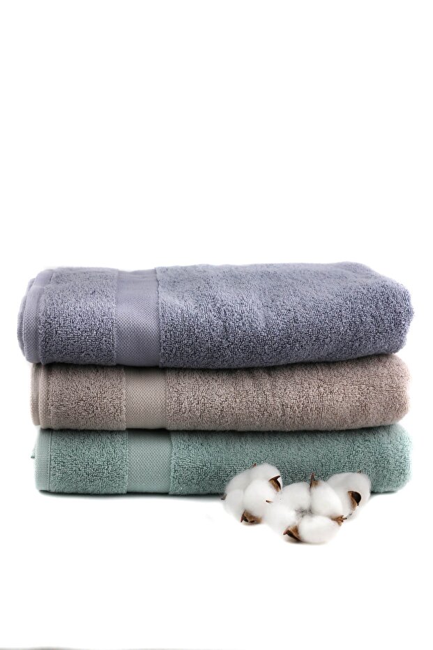 Wave 100% Cotton Bath, Drying, Guest Towel 3 Pieces Size 70x140 Cm Set Indigo, Stone, Aqua