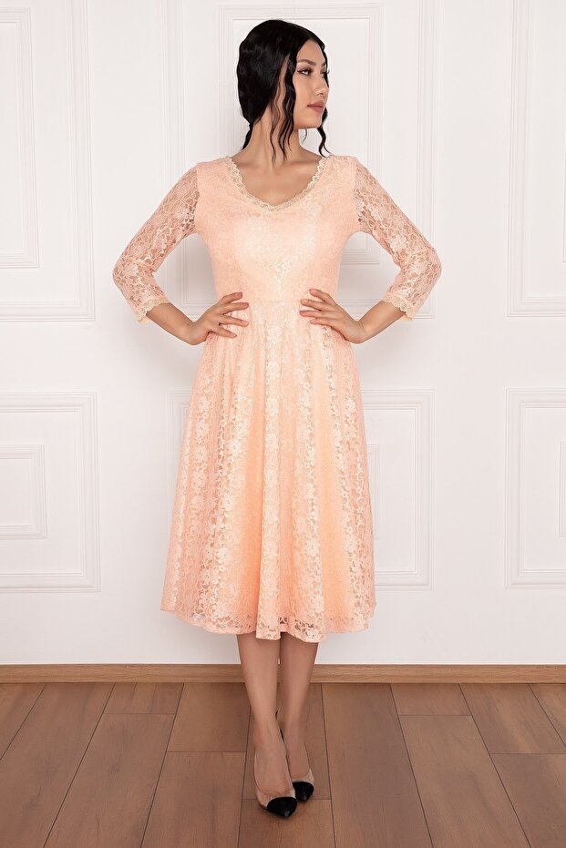 Dantel Turvakar Kol Midi Abiye Elbise 13255 - 3