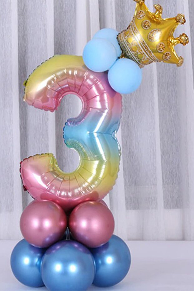 Number Balloon Welcome Set 3 Years Old Rainbow Colors Number Balloon Gold Crown 3 Number Balloon
