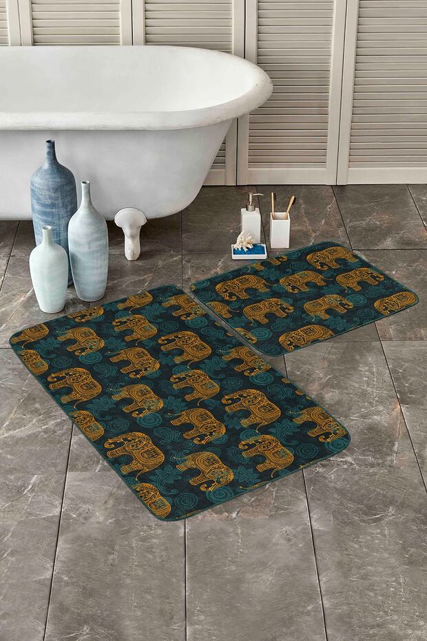 Special Design 2-Piece Bathroom Mat Set with Ethnic Elephant Design & Toilet Mat Set
