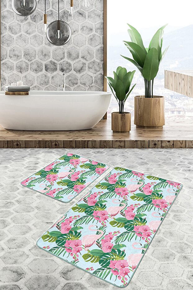 Blue Floor Tropical Leaf Flamingo Motif 2-Piece Kitchen Mat Set & Bathroom Mat Set