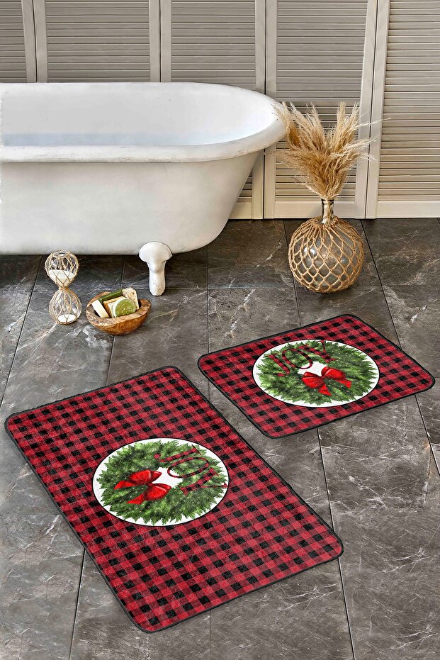 Red Plaid Motif New Year's Themed 2-Piece Kitchen Mat Set & Bathroom Rug Set
