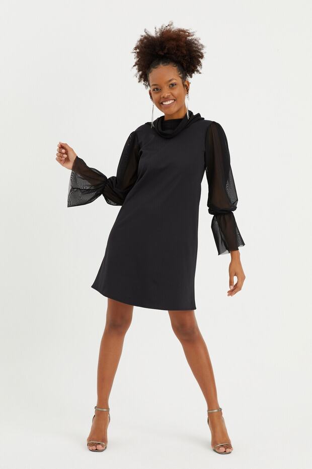 Tül Kollu Scuba Elbise - 1