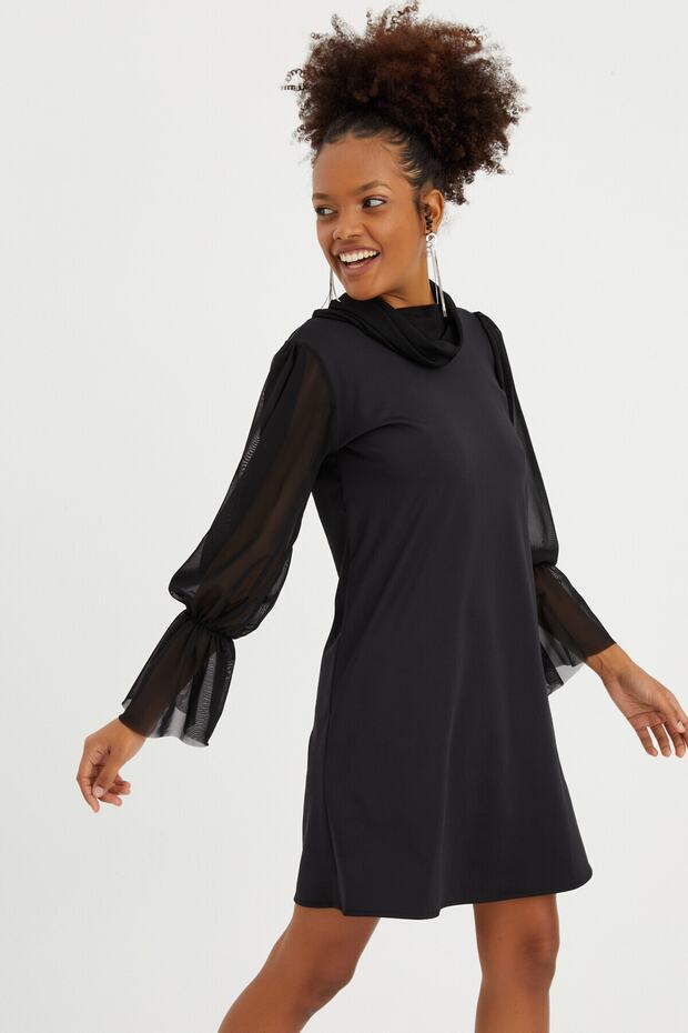 Tül Kollu Scuba Elbise - 3