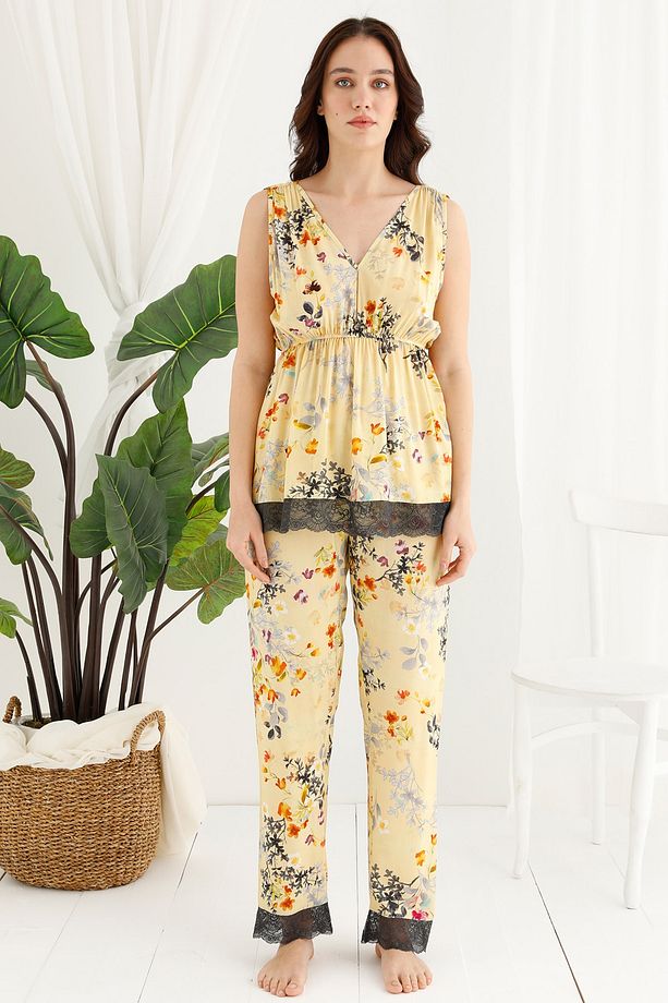 Sarı Çiçekli Kadın Pijama Takım - 1