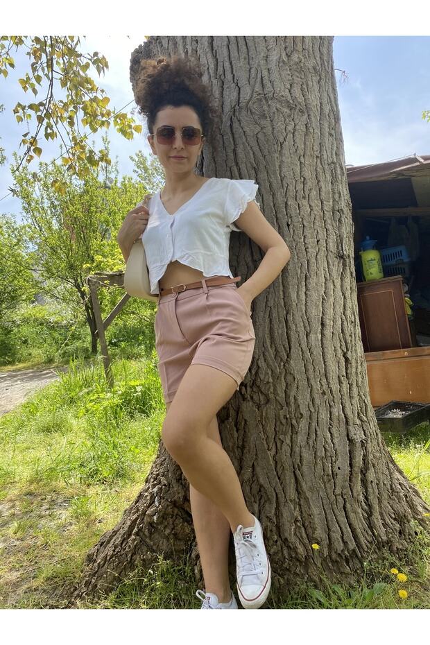 Gül Kurusu Kemer Detaylı Şort - 5