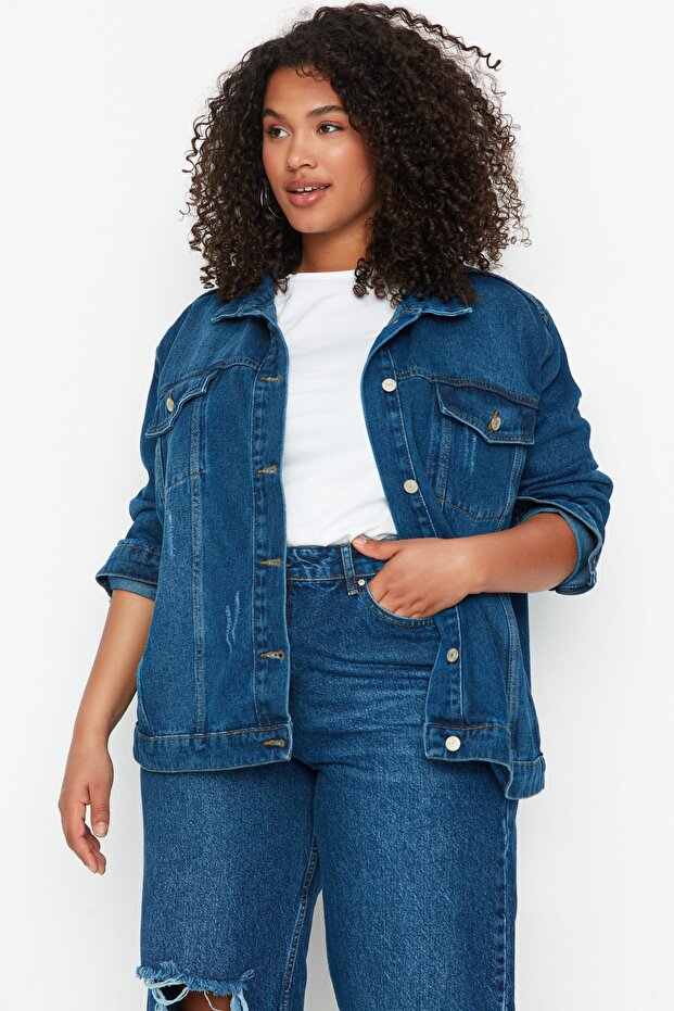 Blue Oversize/Loose Fit Pocket Detailed Denim Jacket Tbbss22Ye00000