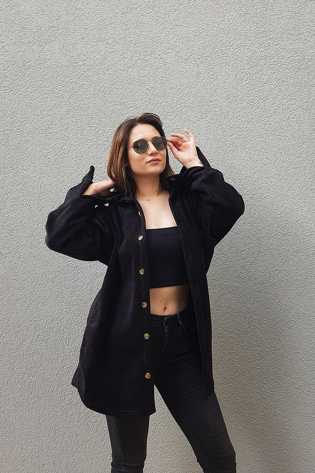 Unisex Siyah Oversize Tek Cepli Polar Oduncu Gömlek - 2