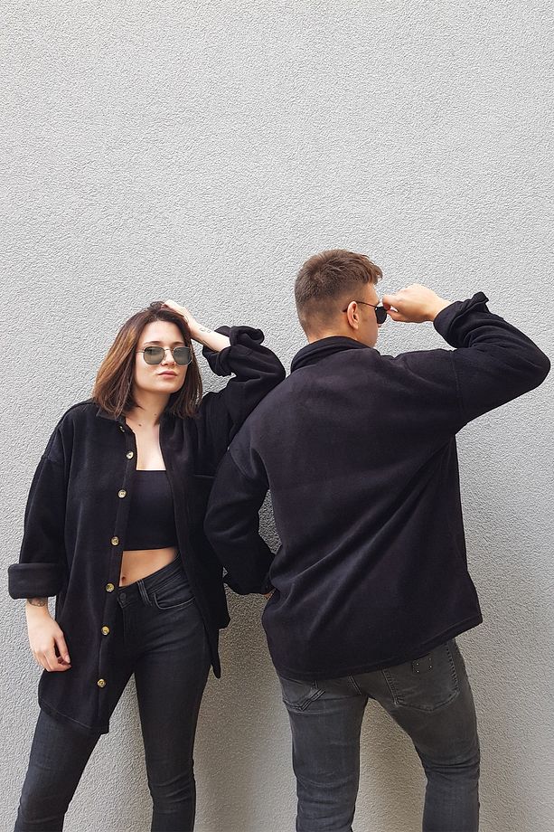 Unisex Siyah Oversize Tek Cepli Polar Oduncu Gömlek - 4