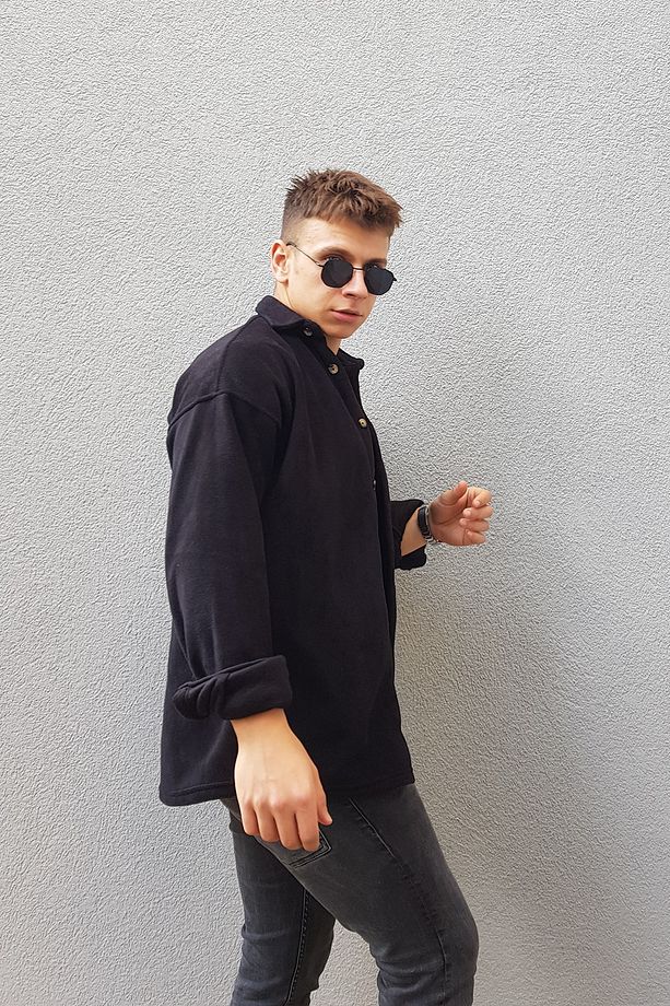 Unisex Siyah Oversize Tek Cepli Polar Oduncu Gömlek - 6