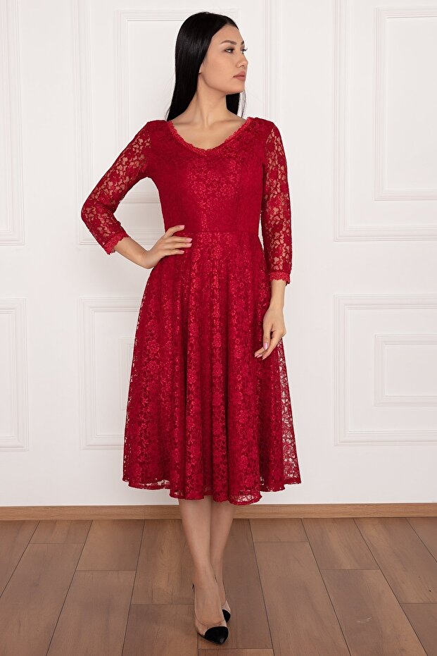 Dantel Turvakar Kol Midi Abiye Elbise 13255 - 3