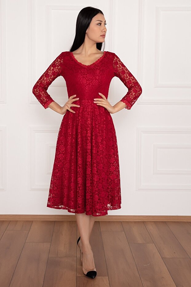 Dantel Turvakar Kol Midi Abiye Elbise 13255 - 5