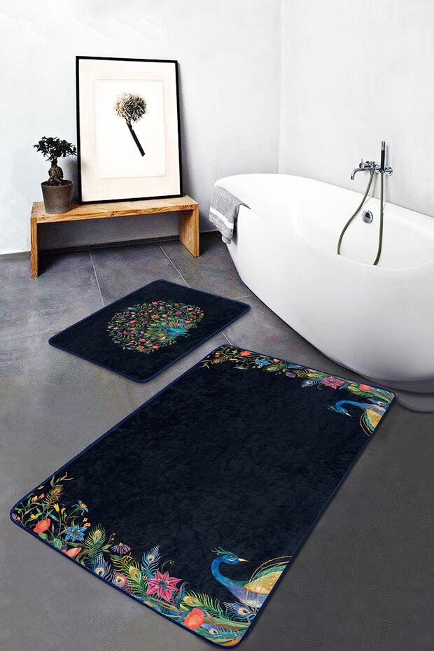 Navy Blue Floor Tropical Floral Peacock Motif 2-Piece Bathroom Kitchen Mat Set