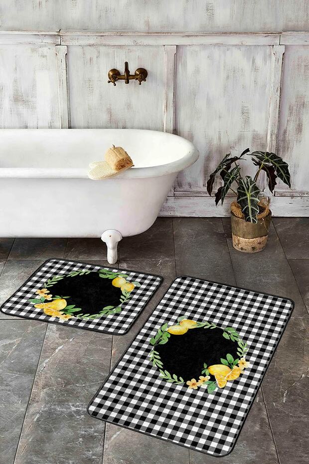 Black Plaid Motif Lemon Designed 2-Piece Bathroom Mat Set & Toilet Mat Set