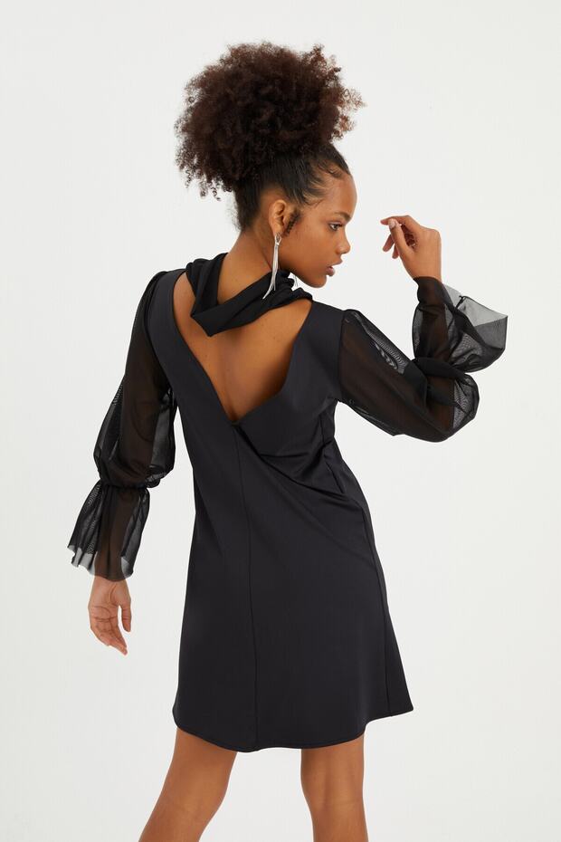 Tül Kollu Scuba Elbise - 2