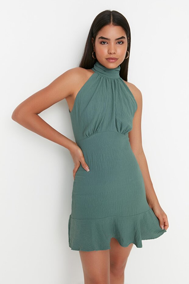 Haki Halter Yaka A Kesim Astarlı Mini Dokuma Elbise TWOSS21EL1538 - 3