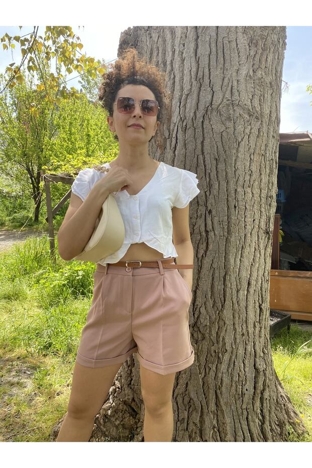 Gül Kurusu Kemer Detaylı Şort - 3