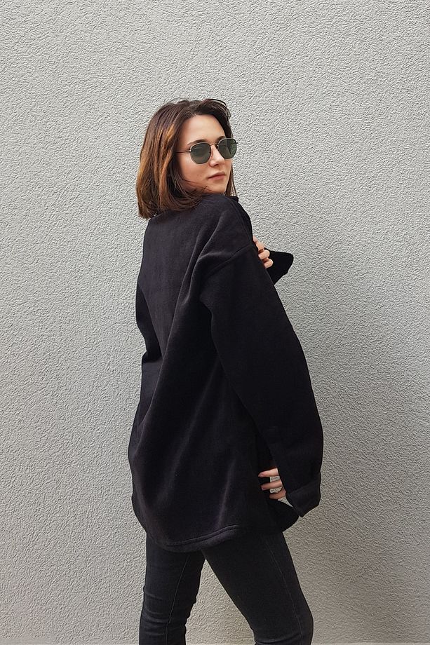 Unisex Siyah Oversize Tek Cepli Polar Oduncu Gömlek - 5