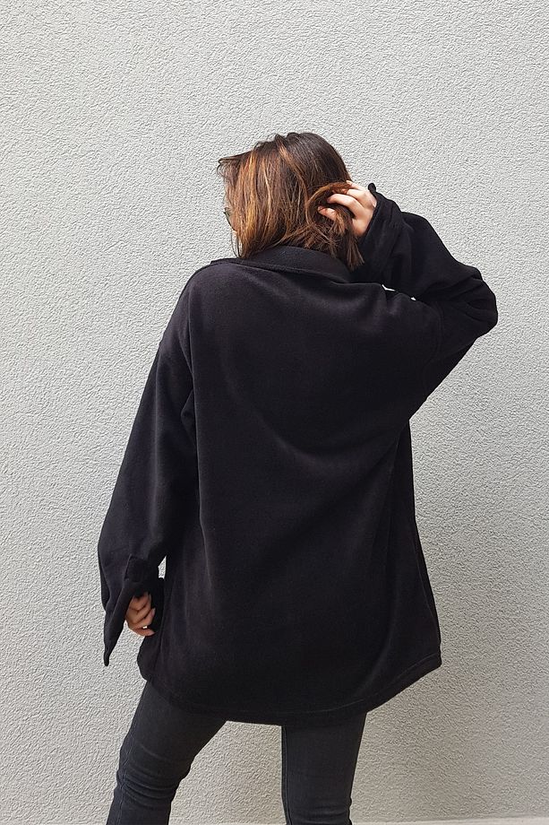 Unisex Siyah Oversize Tek Cepli Polar Oduncu Gömlek - 7