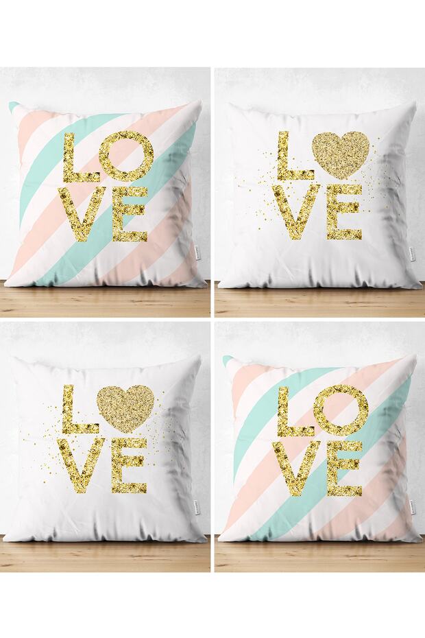 4-Piece Double Sided White Background Gold Detailed Love Written Modern Suede Pillow Throw Pillow Cover Set