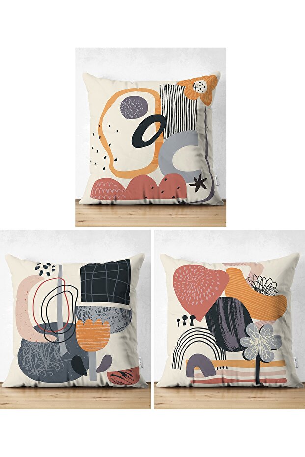 3-Piece Double Sided Modern Suede Pillow Throw Pillow Cover Set with Colorful Onedraw Drawing on White Background