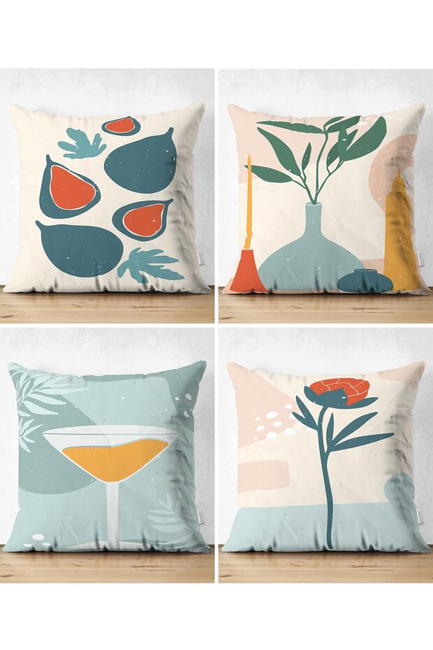 4-Piece Double-Sided Modern Suede Pillow Throw Pillow Cover Set with Onedraw Drawing on Colorful Background
