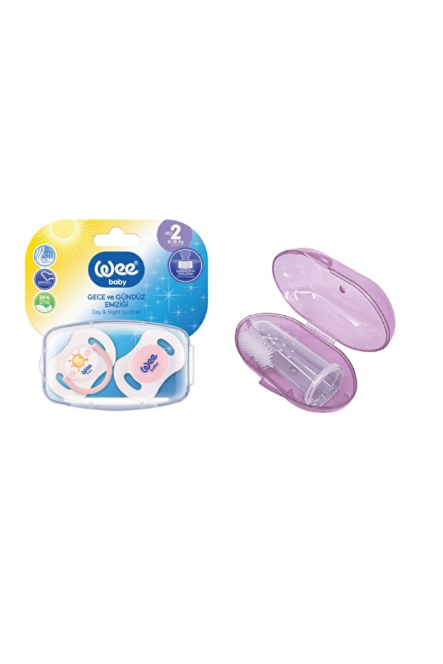 Night and Day Pacifier Set of 2 and Pink Silicone Toothbrush