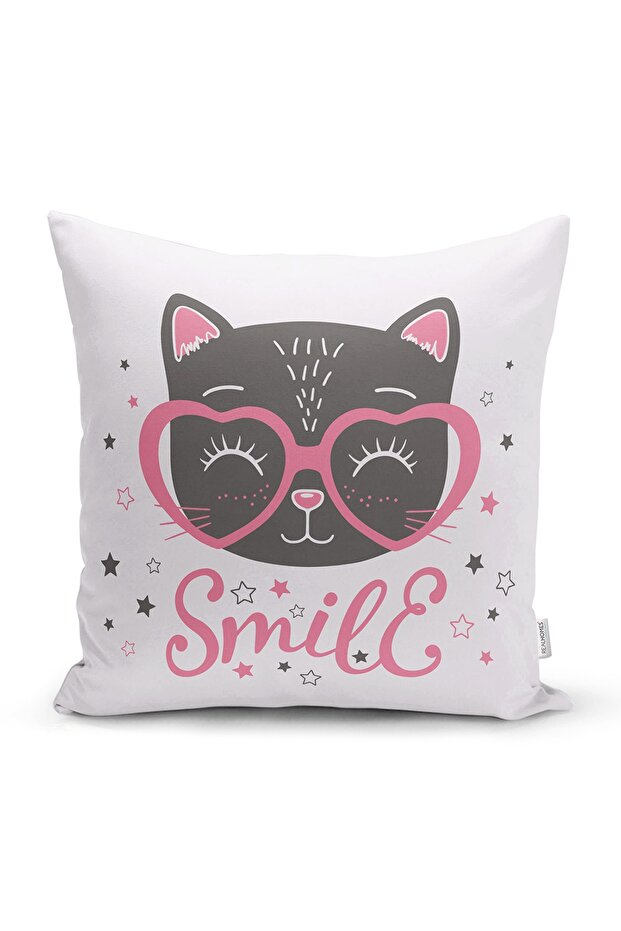 Smile Kitten with Heart Glasses Digital Printed Throw Pillow Cover