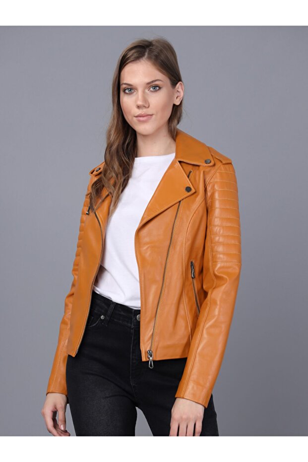 Women's Camel Leather Jacket - 1