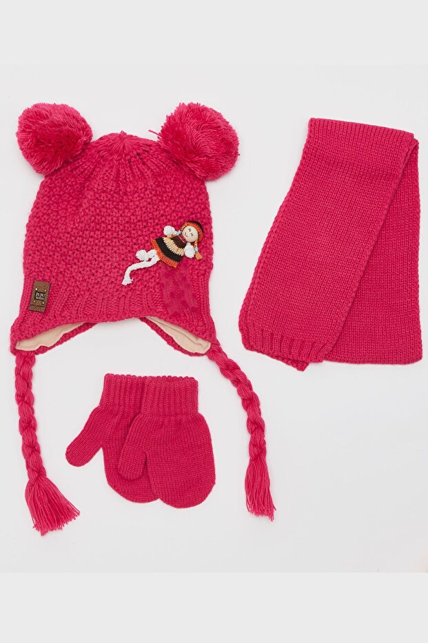 Teddy Bear Baby Girl 3-Piece Beanie Set - Fuchsia