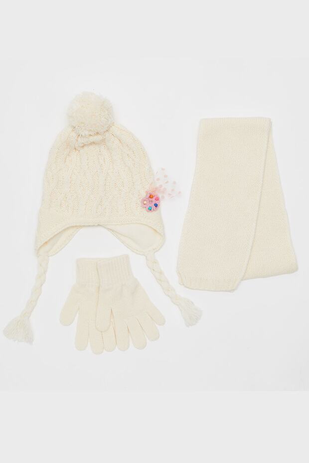 Girl's White Walking 3-Piece Beanie Set