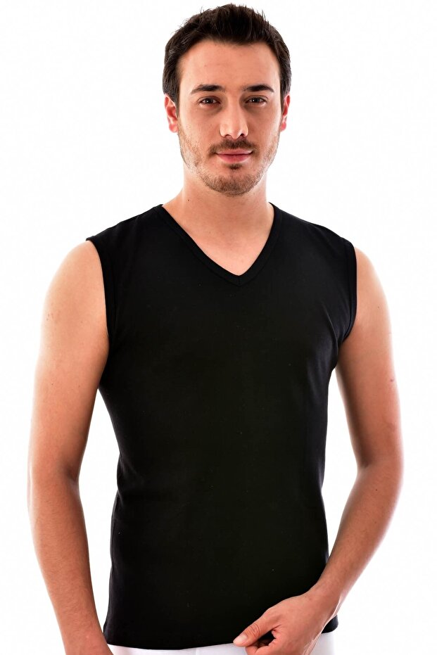 Men's Black V-Neck Elasthan Undershirt 6 Pieces New Season