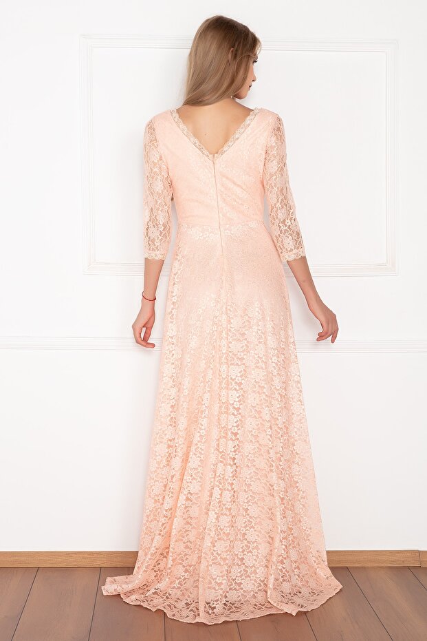 Kristy 3810-2 V Yaka Dantel Uzun Elbise - 5
