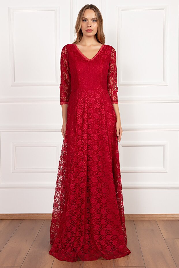 Kristy 3810-2 V Yaka Dantel Uzun Elbise - 2