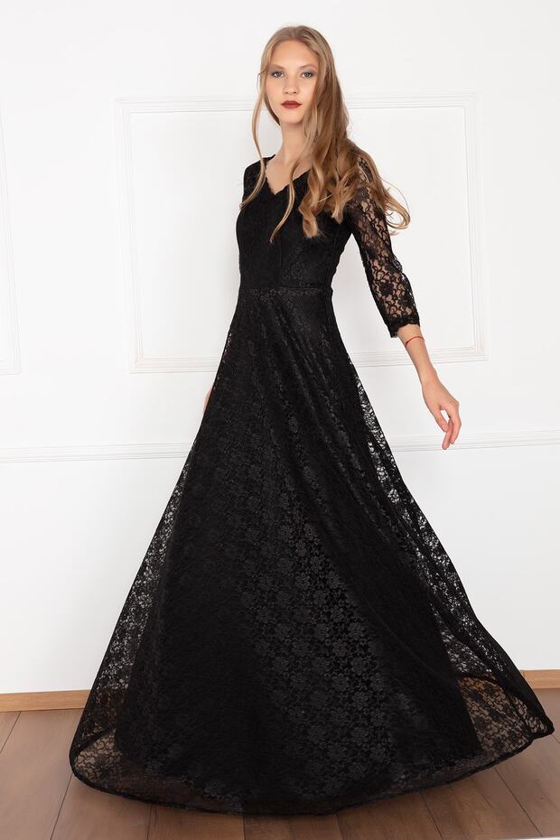 Kristy 3810-2 V Yaka Dantel Uzun Elbise - 4