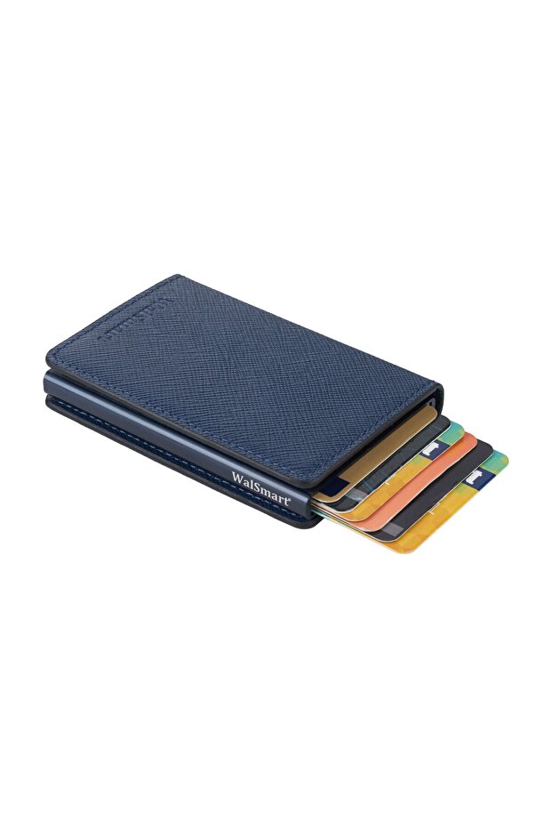 Slim Safiano Smart Mechanism Leather Wallet-navy blue