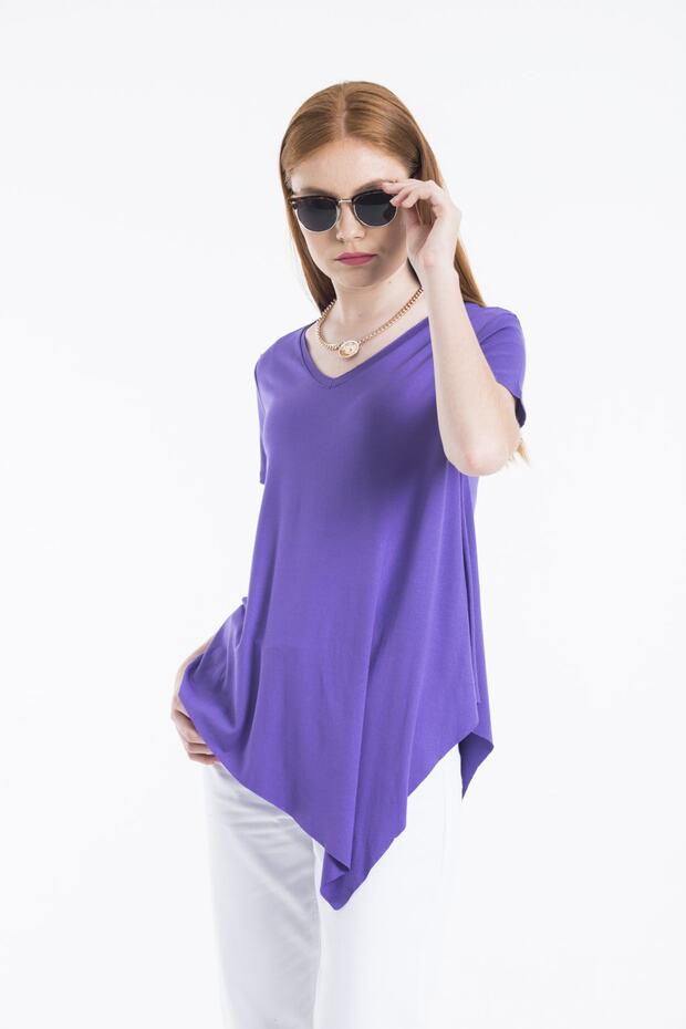 V Yaka Asimetrik Basic Bluz - 1