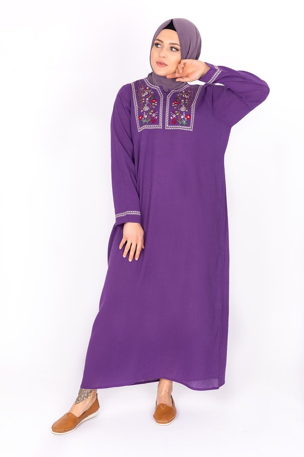 Women's Long Sleeve Şilebezi Purple Dress with Embroidered Collar