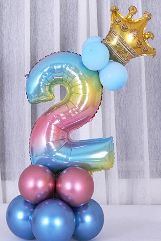 Number Balloon Welcome Set 2 Years Old Rainbow Colors Number Balloon Gold Crowned 2 Number Balloon