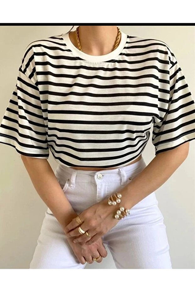 Oversize Çizgili Basic T-shirt