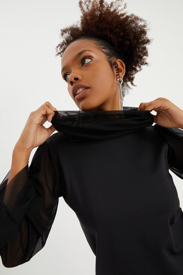 Tül Kollu Scuba Elbise - 4