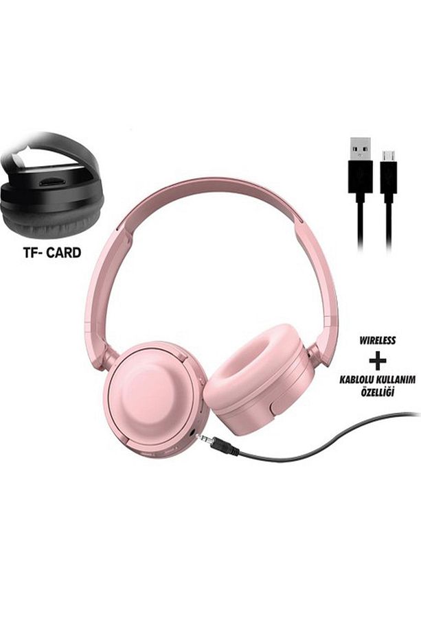 Hy-xbk33 Pembe Batty Tf Kart Özellikli Bluetooth 5.0 Katlanabilir Kulak Üstü Kulaklık - 2